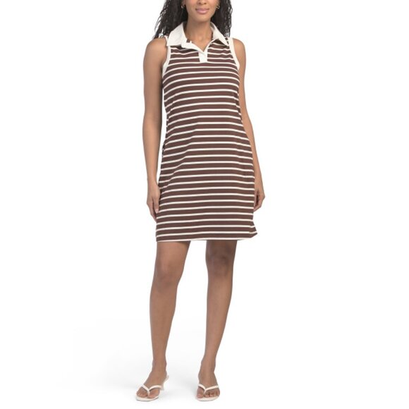 ISAAC MIZRAHI NEW YORK BROWN/WHITE Collar Striped Mini Dress - Picture 1 of 2